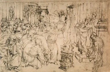Opferung des Stiers, Zeichnung aus der Schule von Raphael. Gabinetto dei Disegni e delle Stampe, Uffizien, Florenz